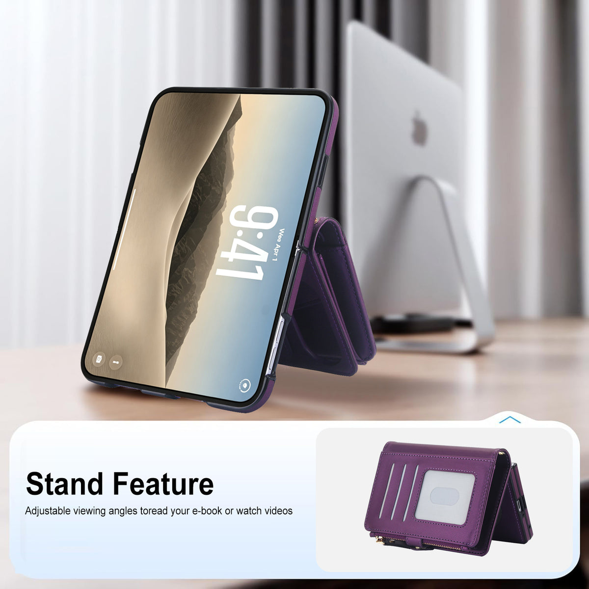 Dark violet purple leather case for iPhone DUO resting on a desk in horizontal hands-free stand viewing mode, with inset detail showing card slots and ID window.