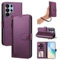 Dark violet purple leather wallet case for Samsung Galaxy Ultra shown from 5 angles including camera lens cutout, wristlet strap carry, horizontal kickstand mode, and interior wallet layout with card slots and photo window.