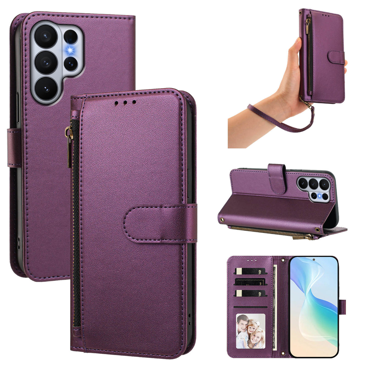 Dark violet purple leather wallet case for Samsung Galaxy Ultra shown from 5 angles including camera lens cutout, wristlet strap carry, horizontal kickstand mode, and interior wallet layout with card slots and photo window.