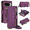 Deep purple leather crossbody wallet case for Google Pixel 10 and 9 series showing full product angles, rear camera bar cutout, top gold ring clip, open 6 card slot organizer flap, zipper coin purse, and shoulder lanyard.