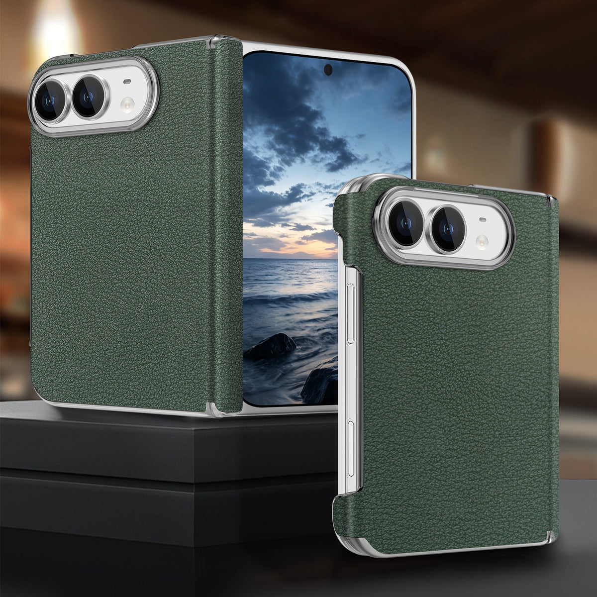 Deep forest green eco-leather protective case for Apple iPhone DUO featuring shockproof hinge armor.
