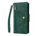 Deep forest green leather phone wallet case featuring outer zipper pocket and wrist strap.