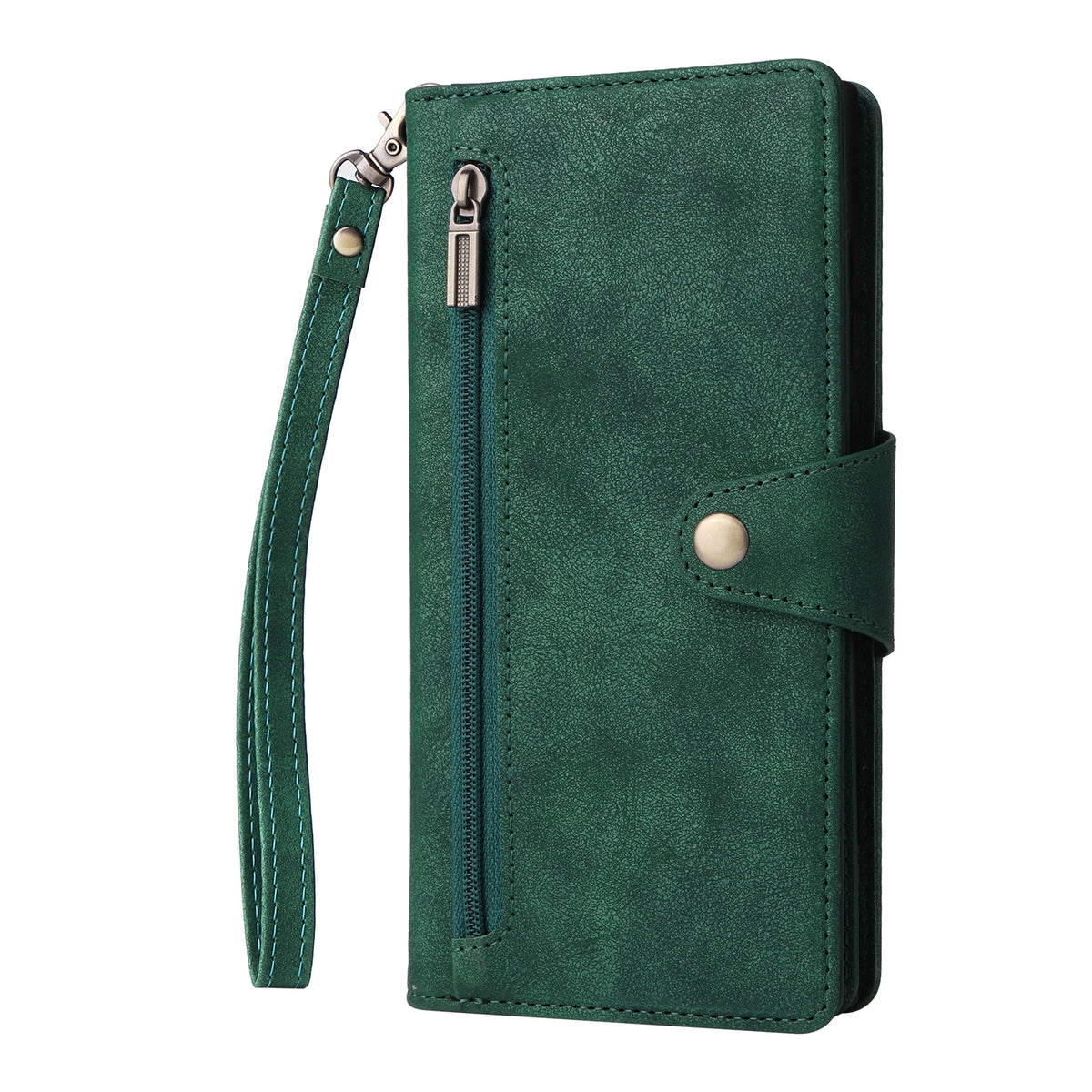 Deep forest green leather phone wallet case featuring outer zipper pocket and wrist strap.