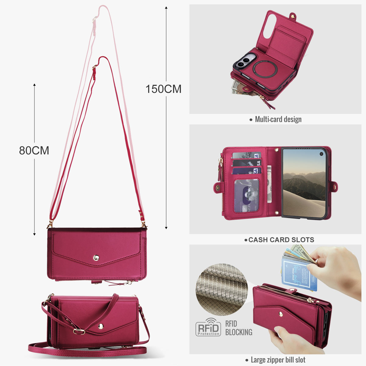 Deep magenta red leather crossbody case for iPhone DUO with dimensional diagram showing 80cm to 150cm strap length, magnetic back panel, and RFID blocking layer callout.