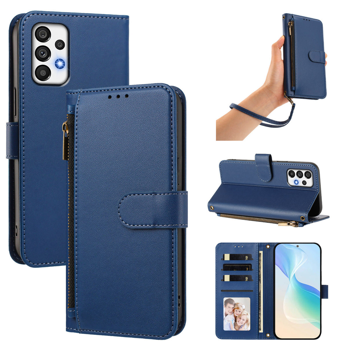 Deep navy blue leather wallet case for Samsung Galaxy A73 A72 A71 displayed from 5 angles including camera lens cutout, wristlet strap carry, horizontal kickstand mode, and interior wallet layout with 4 card slots, cash pocket, and photo window.