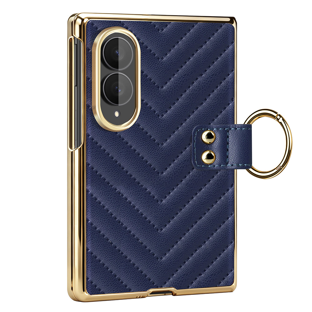 Deep navy blue luxury chevron leather case for Samsung Galaxy Z Fold 8 with gold ring holder