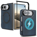 Deep navy blue magnetic leather case for iPhone DUO shown from open and folded angles with graphic overlay demonstrating fast wireless charging alignment.