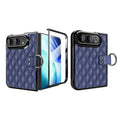 Deep navy blue quilted leather protective cover for iPhone DUO with built-in tempered screen protector and ring holder