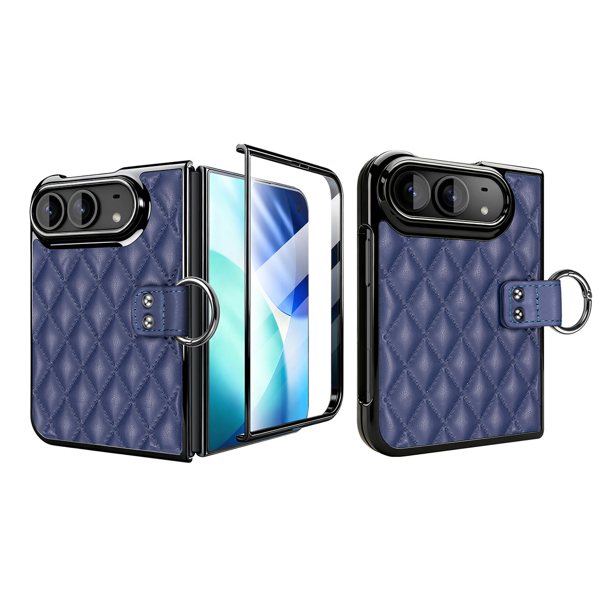 Deep navy blue quilted leather protective cover for iPhone DUO with built-in tempered screen protector and ring holder