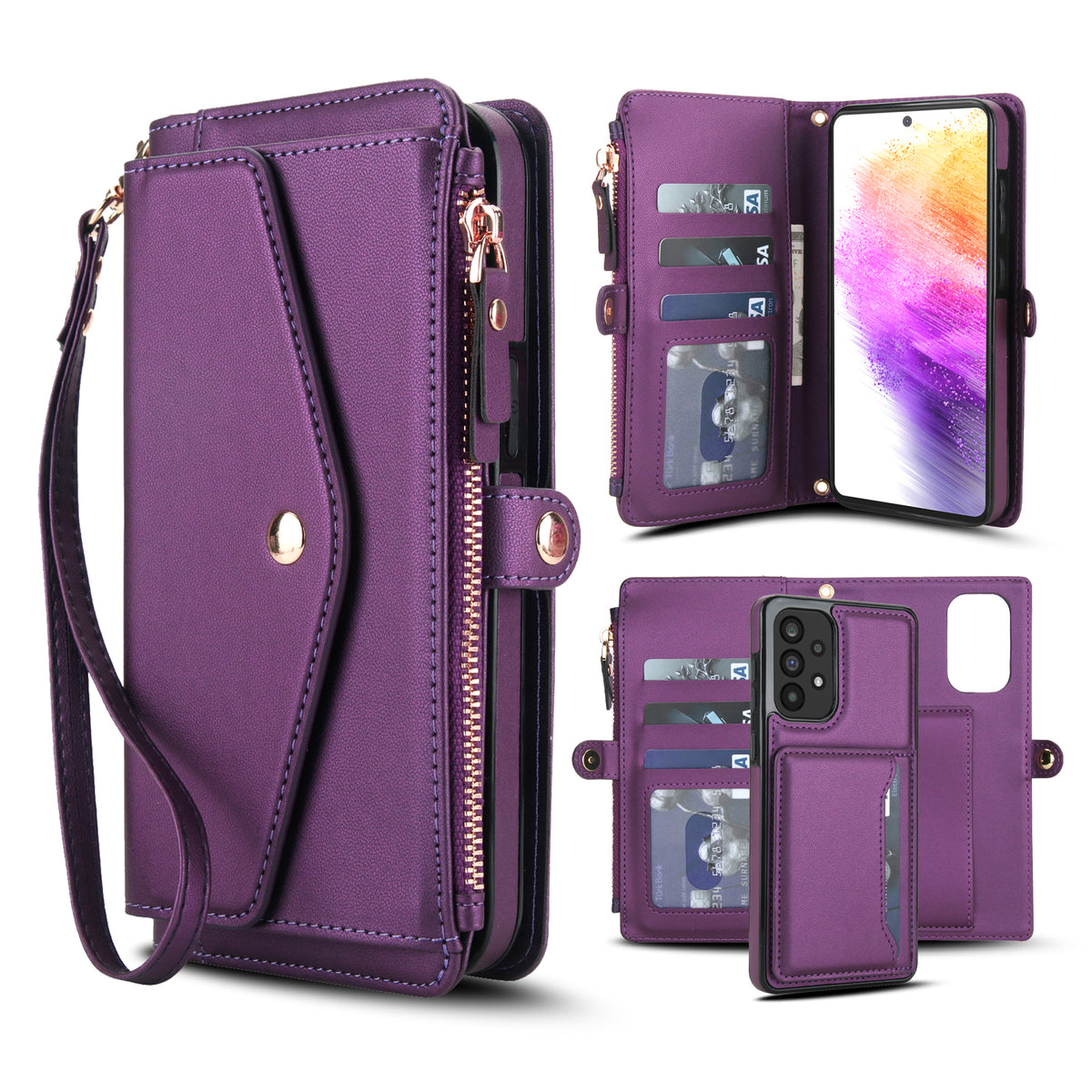 Deep purple 2-in-1 detachable magnetic leather wallet case for Samsung Galaxy A73 A72 featuring card slots, zipper purse compartment, wristlet strap, and removable magnetic back cover.
