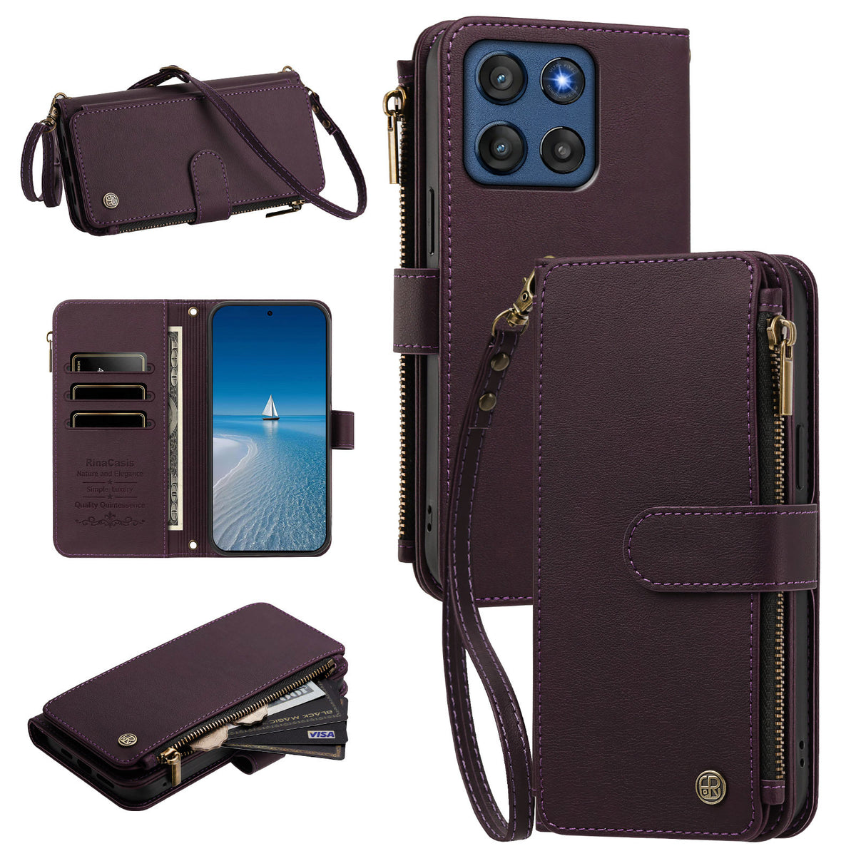 Deep purple Moto G Stylus 5G leather phone case set showing camera cutouts, zipper coin pouch, and detachable strap