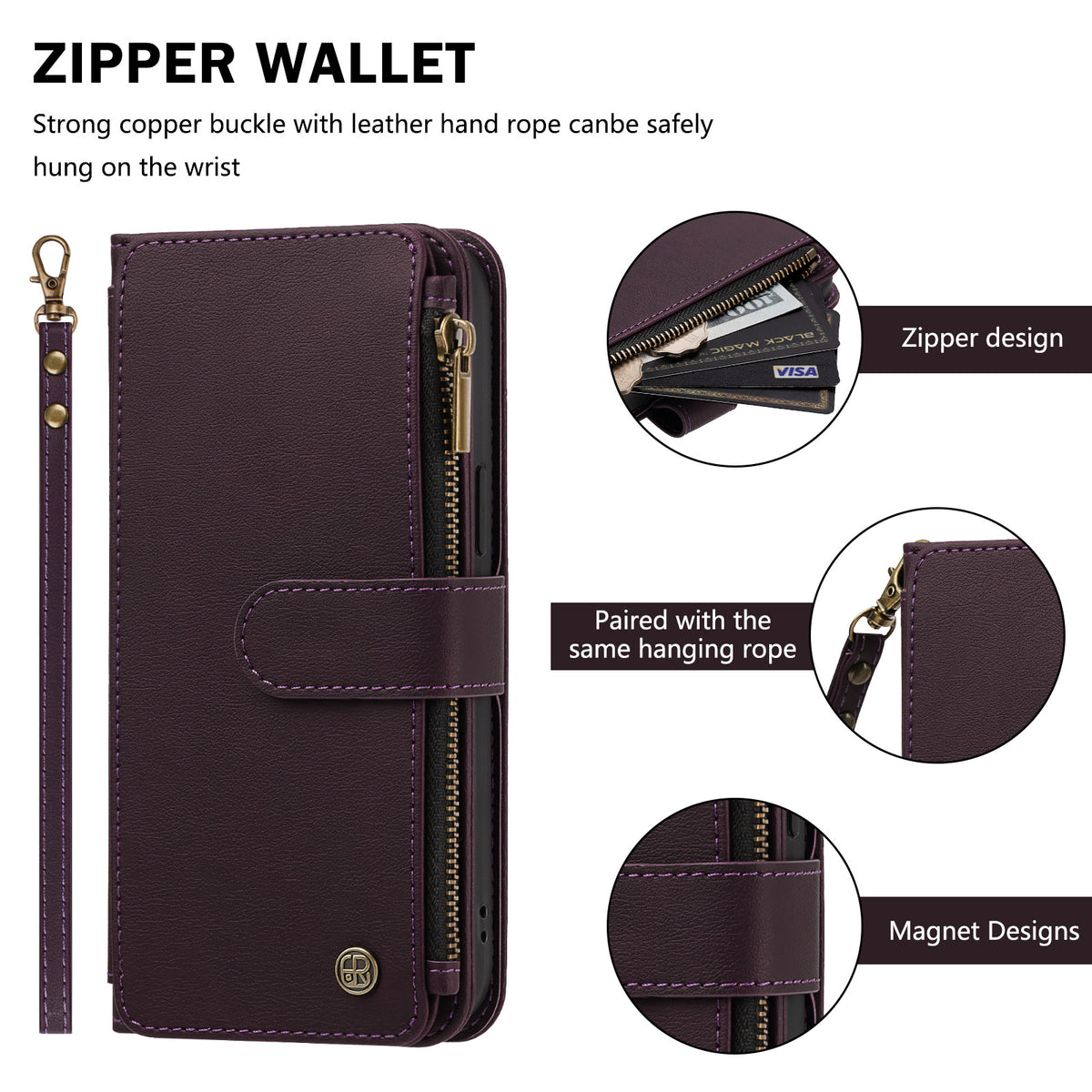 Deep purple Samsung leather wallet case with matching wrist lanyard, card slots, and magnetic latch