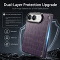 Deep purple crocodile leather protective case for iPhone DUO highlighting dust-proof, anti-knock, and anti-abrasion dual-hinge barrier.