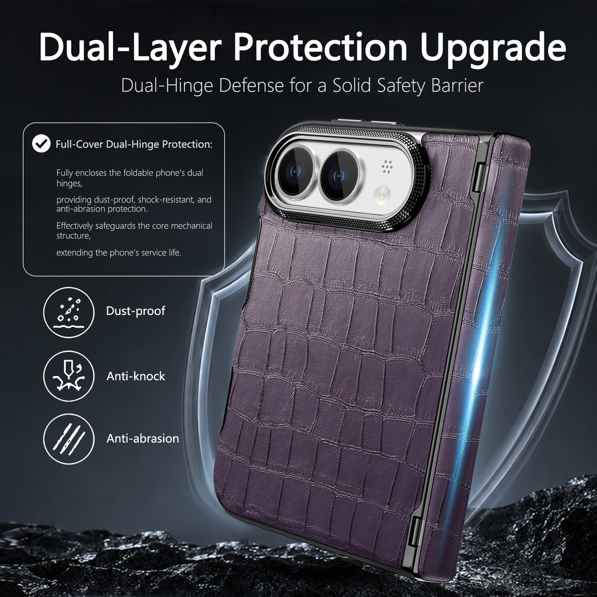 Deep purple crocodile leather protective case for iPhone DUO highlighting dust-proof, anti-knock, and anti-abrasion dual-hinge barrier.