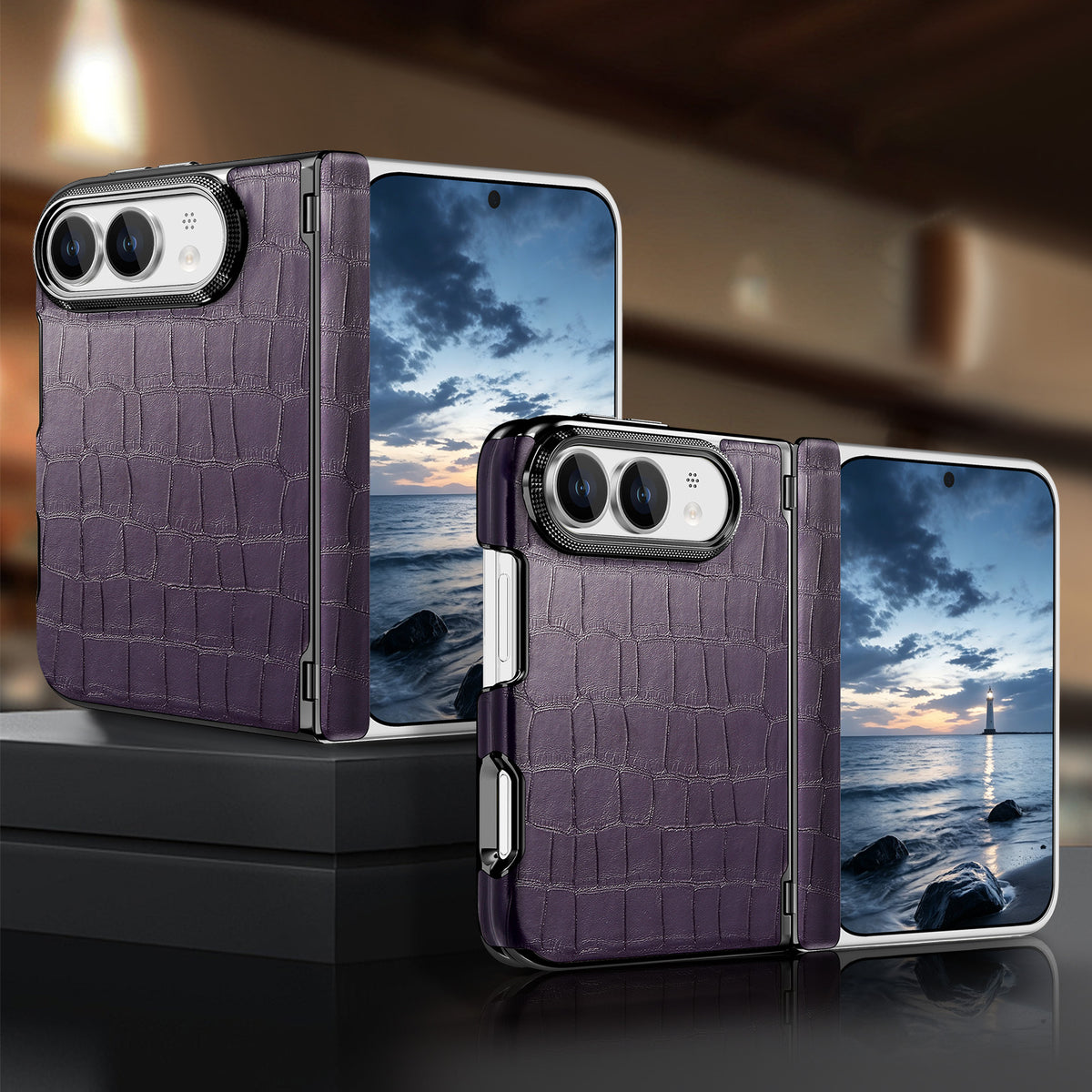 Deep purple crocodile pattern luxury leather case for iPhone DUO shown in open display and standing closed views.