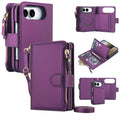 Deep purple leather 2-in-1 detachable crossbody wallet case for iPhone DUO displaying magnetic back cover, zipper coin purse, card slots, and lanyard strap.