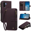 Deep purple leather Samsung Galaxy A series zipper wallet case showing card slots wrist strap and kickstand mode