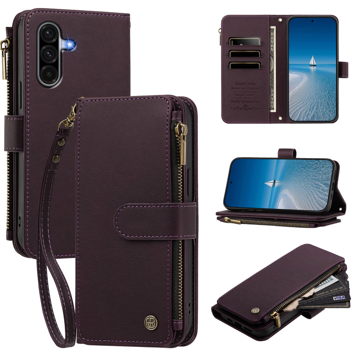 Deep purple leather Samsung Galaxy A series zipper wallet case showing card slots wrist strap and kickstand mode