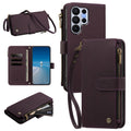 Deep purple leather crossbody phone case for Samsung Galaxy with side zipper coin purse interior card slots and wristlet strap