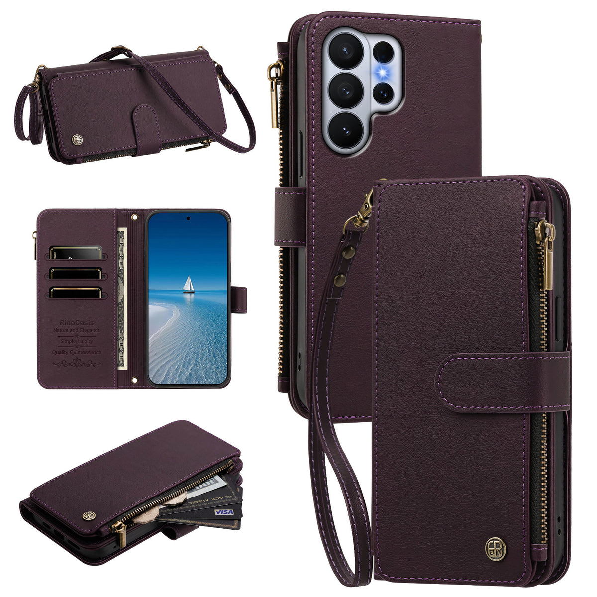 Deep purple leather crossbody phone case for Samsung Galaxy with side zipper coin purse interior card slots and wristlet strap
