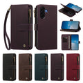 Deep purple leather crossbody wallet case for Samsung Galaxy A-series showing full product view along with 5 color options in Black, Vintage Brown, Dark Green, Deep Purple, and Wine Red.