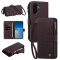 Deep purple leather crossbody wallet case for Samsung Galaxy A57, A56, A55, A54, A53, and A52 5G/4G featuring full composite views, camera lens protection, inner card slots flap, cash zipper pocket, and wrist strap.