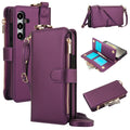 Deep purple leather crossbody wallet phone case for Samsung Galaxy A-series displaying multi-angle product views, top gold ring, open card slots organizer, and side zipper bill pocket.