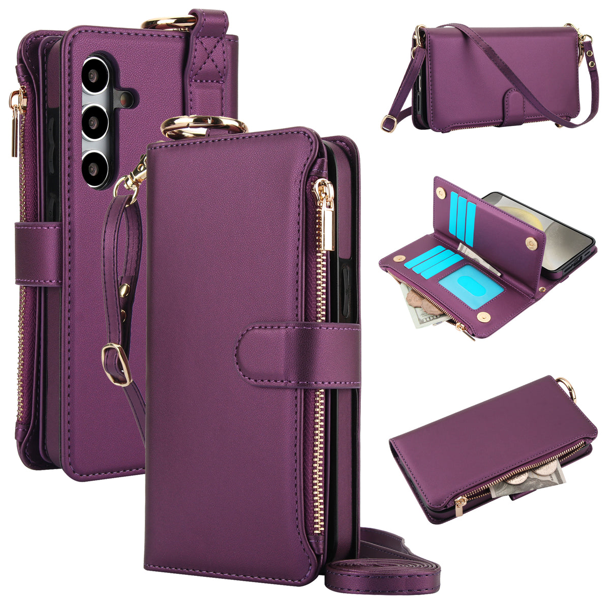Deep purple leather crossbody wallet phone case for Samsung Galaxy A-series displaying multi-angle product views, top gold ring, open card slots organizer, and side zipper bill pocket.