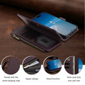 Deep purple leather wallet case for Google Pixel showing 9 card slots layout, zippered coin pouch, kickstand function, and matching lanyard strap.