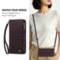 Deep purple leather wallet case for Motorola Moto G Stylus 5G worn as a crossbody purse and held as a clutch purse with wrist strap