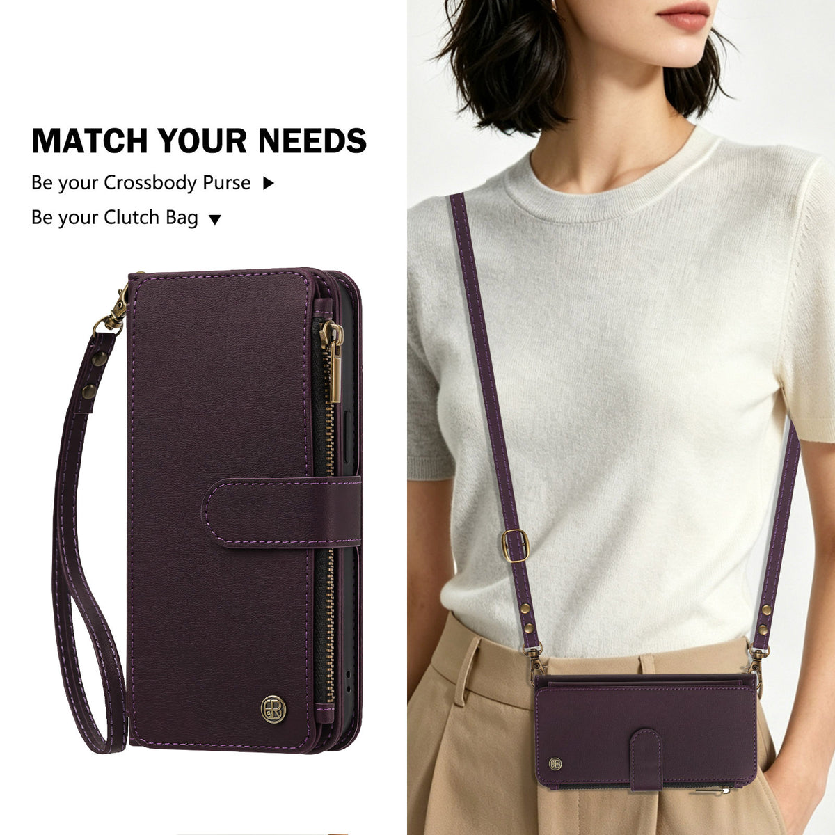 Deep purple leather wallet case for Motorola Moto G Stylus 5G worn as a crossbody purse and held as a clutch purse with wrist strap
