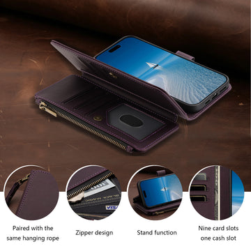 Deep purple leather wallet case for Samsung Galaxy A-series showing open view layout, wrist strap hook, zipper coin pocket, kickstand stand function, 9 card slots, and cash bill compartment.