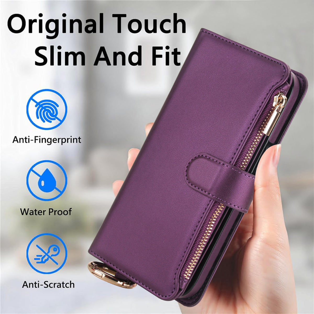 Deep purple leather wallet phone case for Google Pixel 10 and 9 series highlighting anti-fingerprint, waterproof, and anti-scratch features.