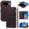 Deep purple leather wallet phone case for Google Pixel featuring wristlet hand rope, zipper coin pocket, card slots, and magnetic flap closure.