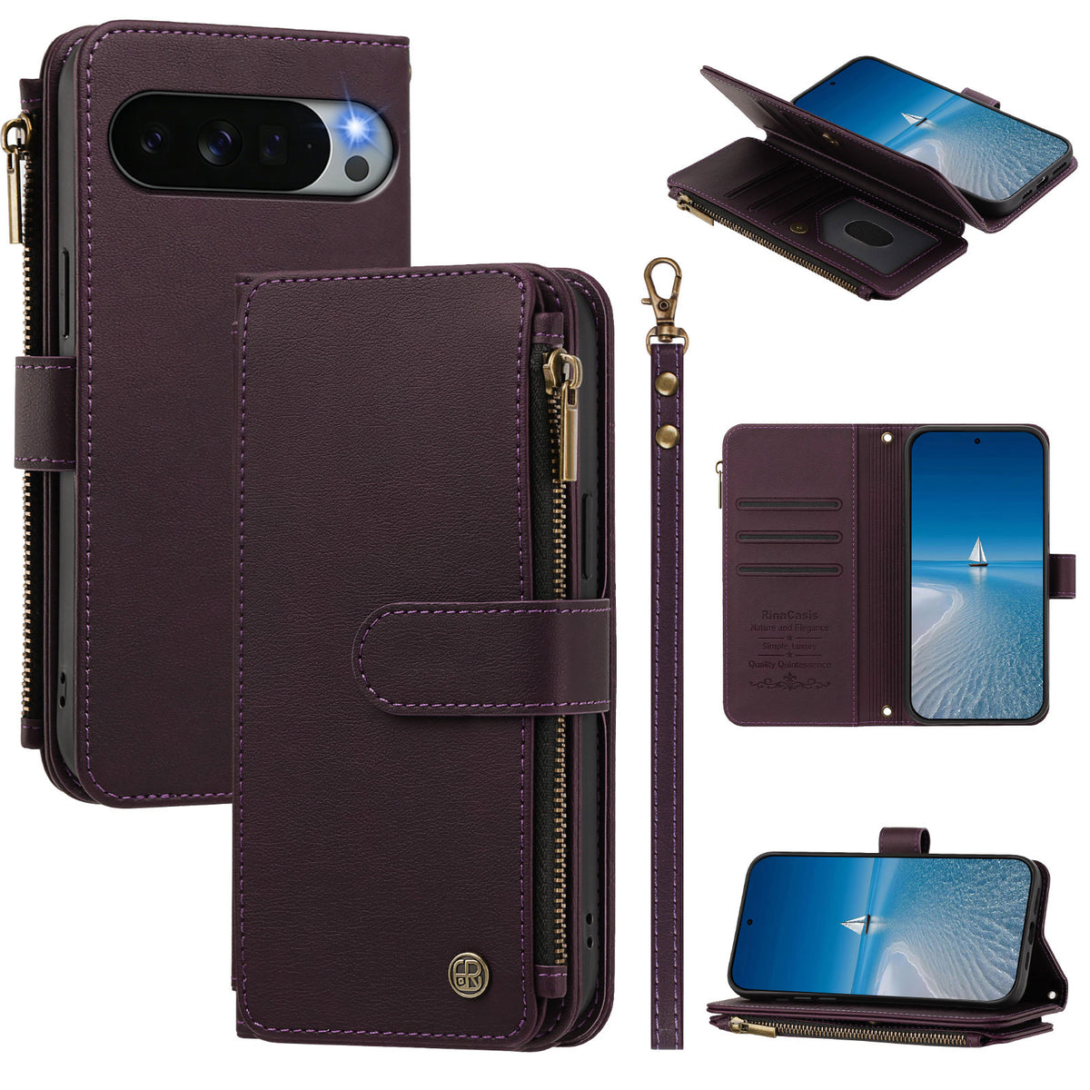 Deep purple leather wallet phone case for Google Pixel featuring wristlet hand rope, zipper coin pocket, card slots, and magnetic flap closure.