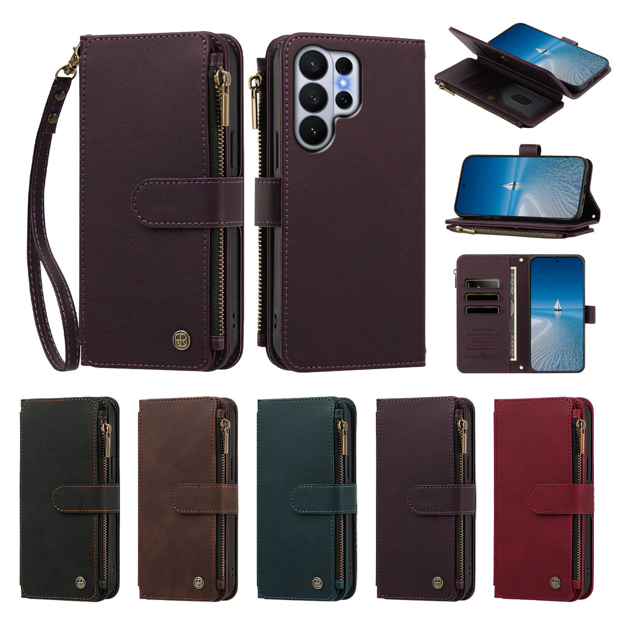 Deep purple luxury leather Samsung Galaxy wallet case with kickstand function shown alongside five color choices in black brown teal and red