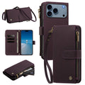 Deep purple luxury leather zipper wallet case displaying card holders, cash compartment, and wristlet strap
