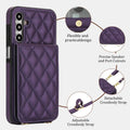 Deep purple quilted leather case for Samsung Galaxy A-Series showing feature diagram of snap button card slot, precise speaker ports, detachable lanyard clips, and adjustable shoulder strap.
