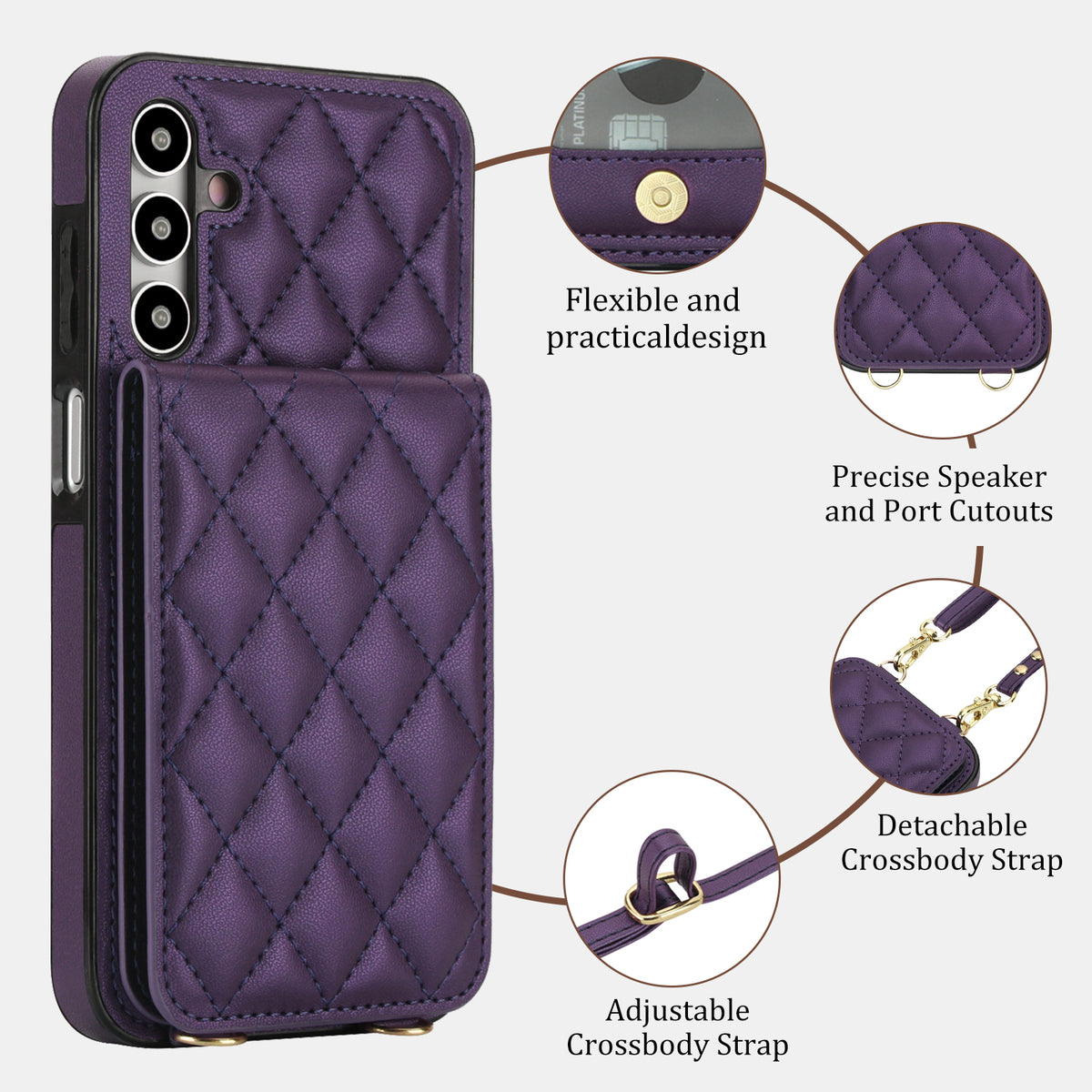 Deep purple quilted leather case for Samsung Galaxy A-Series showing feature diagram of snap button card slot, precise speaker ports, detachable lanyard clips, and adjustable shoulder strap.