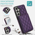 Deep purple quilted leather case for Samsung Galaxy illustrating shockproof drop protection with 1.2mm raised screen edges and 1.5mm camera lens protection.