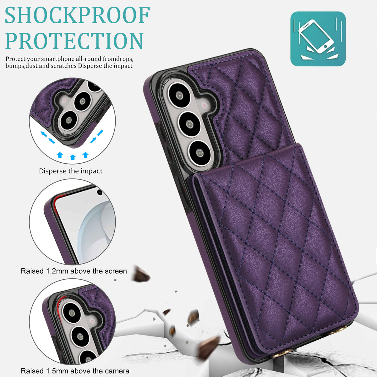 Deep purple quilted leather case for Samsung Galaxy illustrating shockproof drop protection with 1.2mm raised screen edges and 1.5mm camera lens protection.