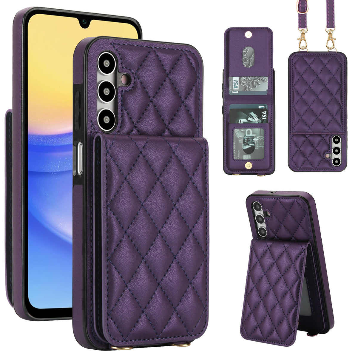 Deep purple quilted leather crossbody wallet case for Samsung Galaxy A-Series displaying full composite views, including rear snap card slots, photo ID window, detachable shoulder lanyard, and vertical kickstand mode.