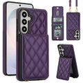 Deep purple quilted leather crossbody wallet case for Samsung Galaxy A-Series displaying full composite views including rear card slot flap, open ID window, detachable lanyard strap, and kickstand mode.