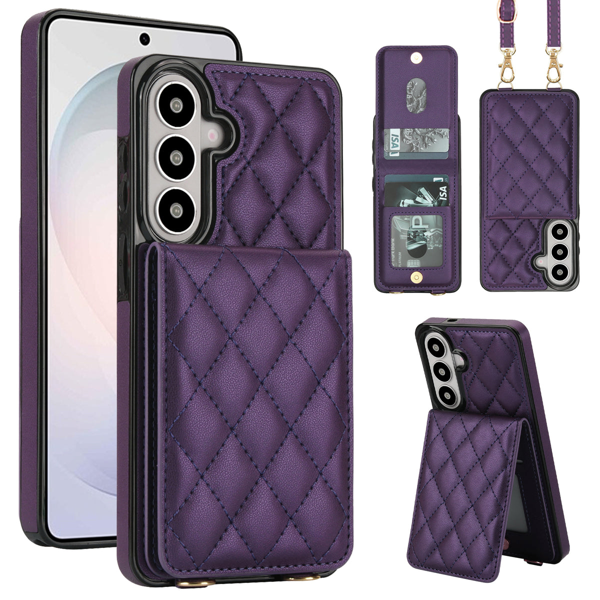 Deep purple quilted leather crossbody wallet case for Samsung Galaxy A-Series displaying full composite views including rear card slot flap, open ID window, detachable lanyard strap, and kickstand mode.