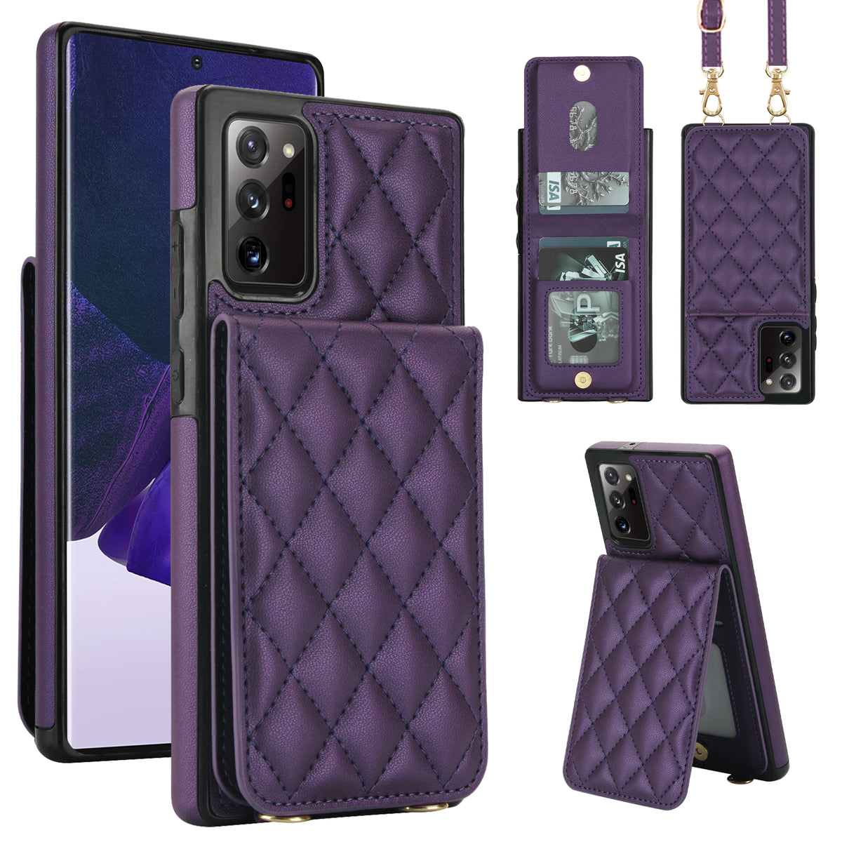 Deep purple quilted leather crossbody wallet case for Samsung Galaxy displaying composite views including rear snap card slots, photo ID window, detachable shoulder lanyard, and horizontal kickstand mode.