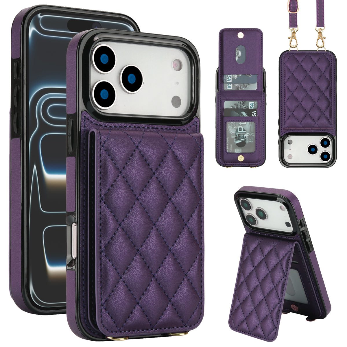 Deep purple quilted leather phone case with RFID-blocking wallet, kickstand function, and detachable crossbody strap for iPhone.