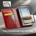 Deep red leather wallet case for iPhone DUO demonstrating full-coverage front screen protection frame, credit card slots, and cash bill compartment.