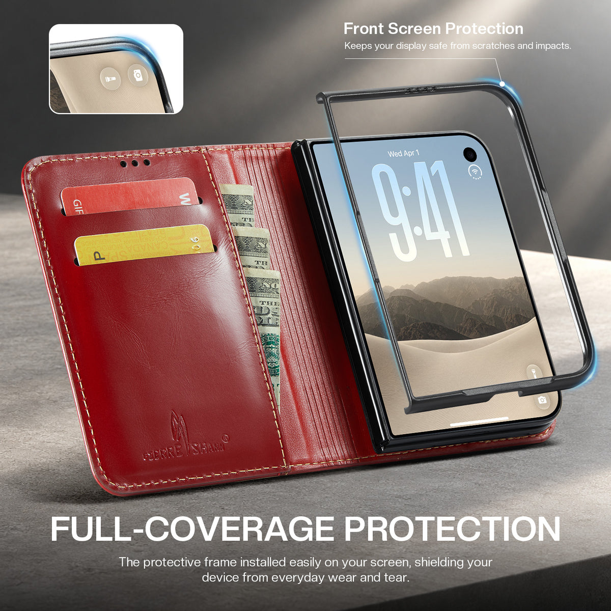 Deep red leather wallet case for iPhone DUO demonstrating full-coverage front screen protection frame, credit card slots, and cash bill compartment.