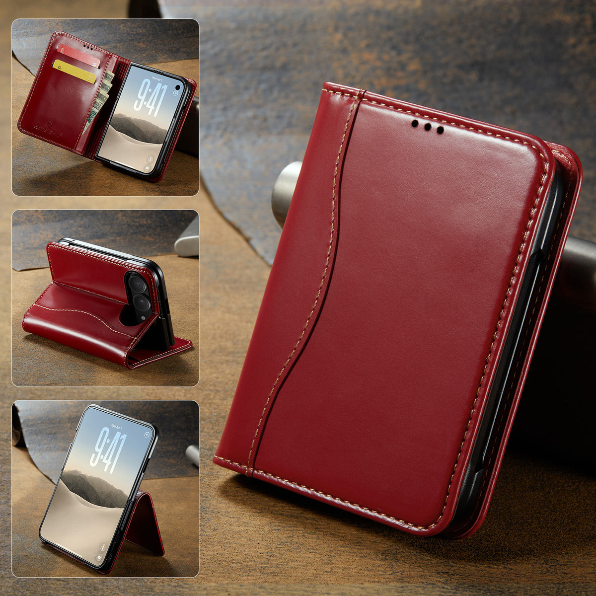 Deep red leather wallet case for iPhone DUO showcasing open multi-card flap layout, horizontal kickstand stand mode, and closed folio cover.