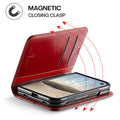 Deep red leather wallet folio case for iPhone DUO illustrating magnetic closing clasp mechanism and interior card slots.